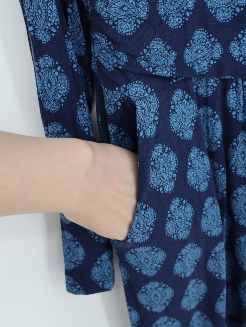Boden Abigail Jersey Dress 14R Navy Blue Paisley Long Sleeve Pockets A-Line - Picture 8 of 15